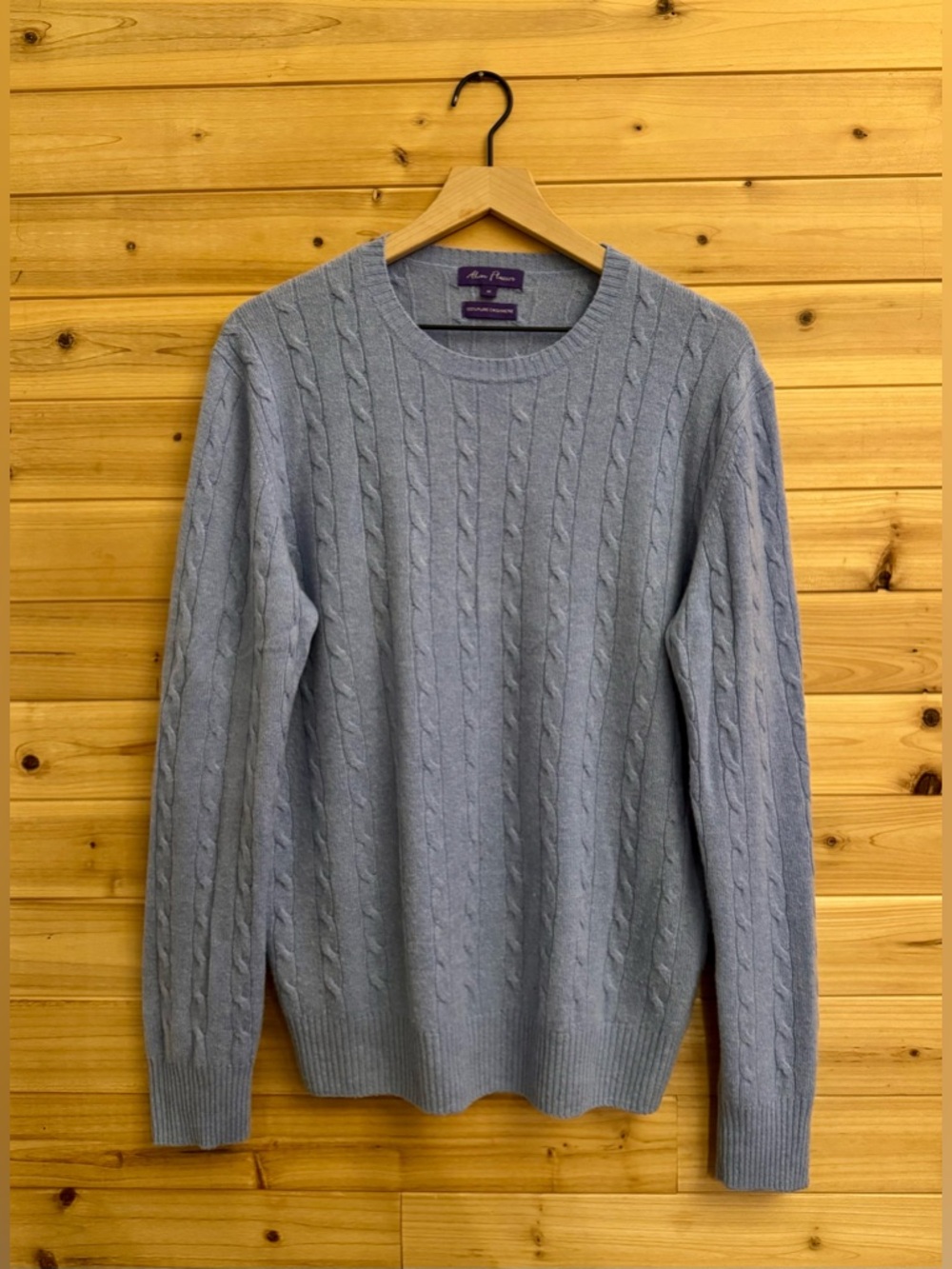 Alan Flusser Medium Light Blue Crewneck Cable Knit Cashmere Sweater